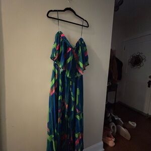 Flying Tomato Blue and Green Strapless Jumpsuit